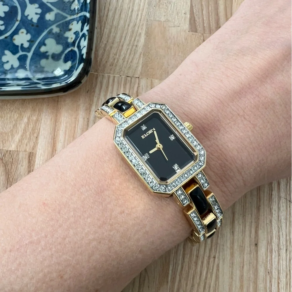 Elgin ladies octagonal black dial gold tone dress watch NEW BATTERY